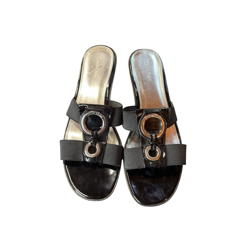 Calvin Klein Yessica Mid Wedge Patent/Elastic Sandal Black Size 8 1/2